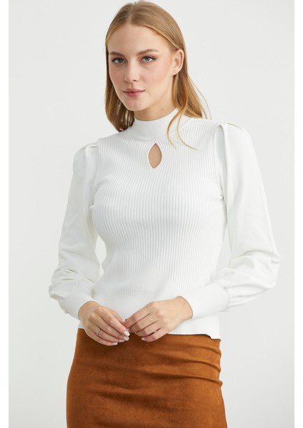 Dik Yaka Balon Kol Triko Kazak - Kemik