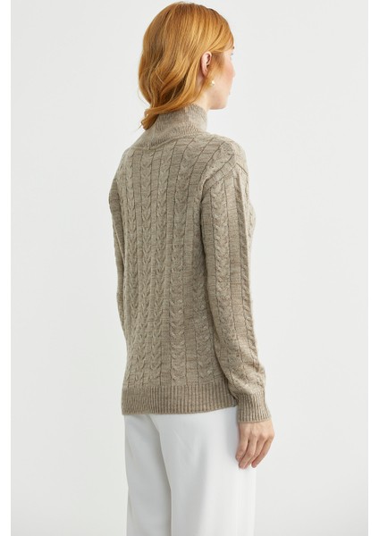 Dik Yaka Motifli Yünlü Triko Kazak - Bej indirimleri