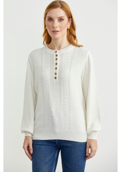 Yarım Düğmeli Yuvarlak Yaka Triko Kazak - Kemik