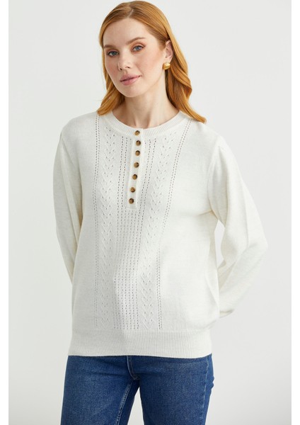 Yarım Düğmeli Yuvarlak Yaka Triko Kazak - Kemik fiyatları