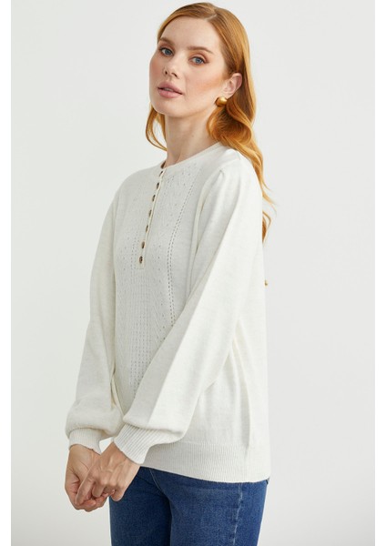 Yarım Düğmeli Yuvarlak Yaka Triko Kazak - Kemik modelleri