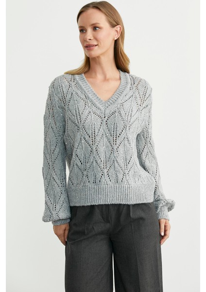 Delikli V Yaka Pullu Triko Kazak - Gri modelleri