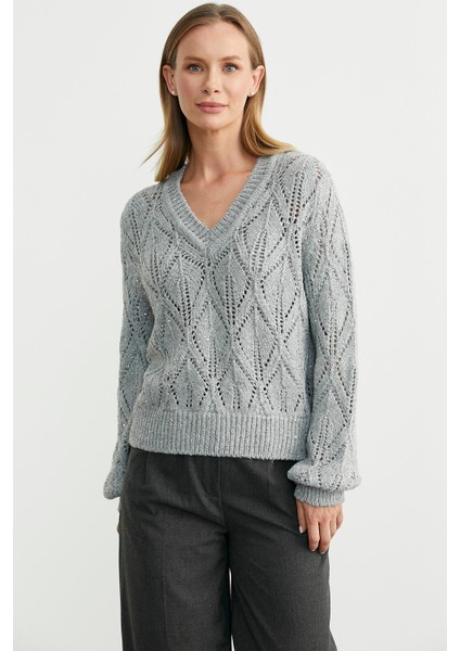 Delikli V Yaka Pullu Triko Kazak - Gri fırsatları