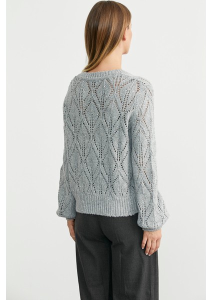 Delikli V Yaka Pullu Triko Kazak - Gri indirimleri