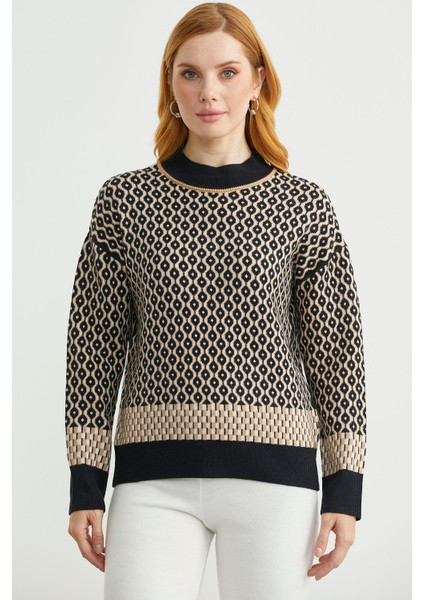 Yarım Balıkçı Renk Motifli Triko Kazak - Siyah