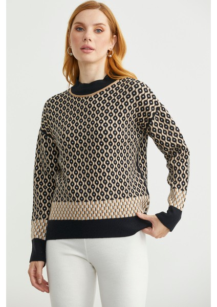 Yarım Balıkçı Renk Motifli Triko Kazak - Siyah fiyatları