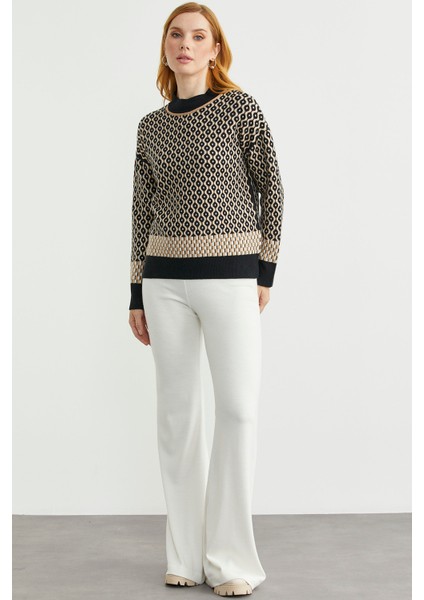 Yarım Balıkçı Renk Motifli Triko Kazak - Siyah fırsatları