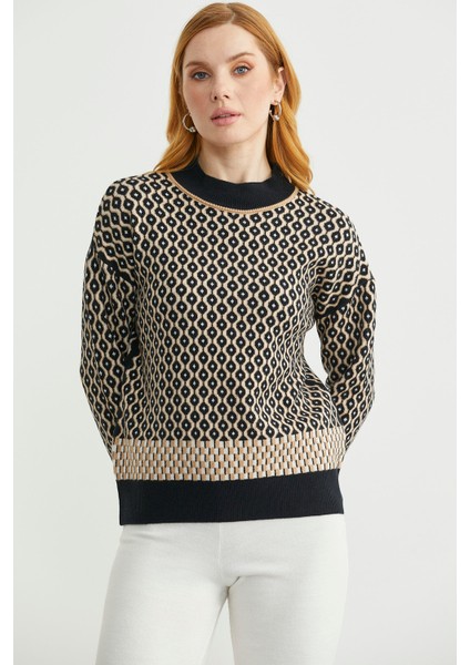 Yarım Balıkçı Renk Motifli Triko Kazak - Siyah indirimleri