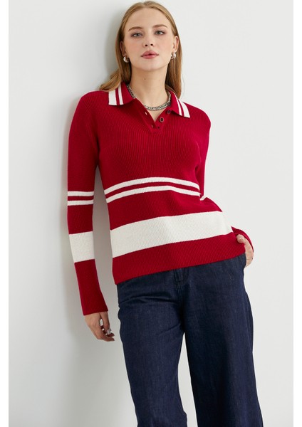 Polo Yaka Fitilli Triko Kazak - Kırmızı