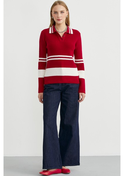 Polo Yaka Fitilli Triko Kazak - Kırmızı fiyatları