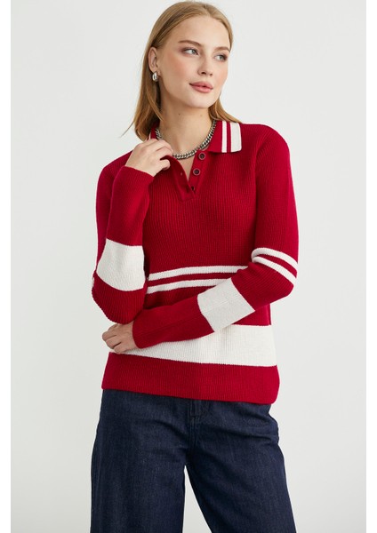 Polo Yaka Fitilli Triko Kazak - Kırmızı modelleri