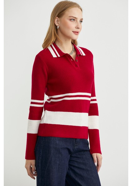 Polo Yaka Fitilli Triko Kazak - Kırmızı fırsatları