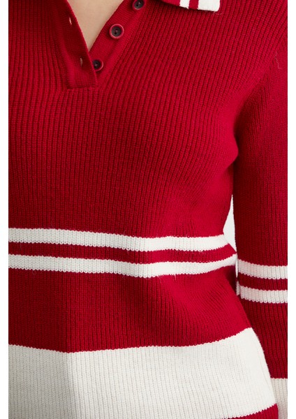 Polo Yaka Fitilli Triko Kazak - Kırmızı indirimleri