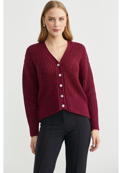 Payet Detaylı Yünlü Triko Hırka - Bordo