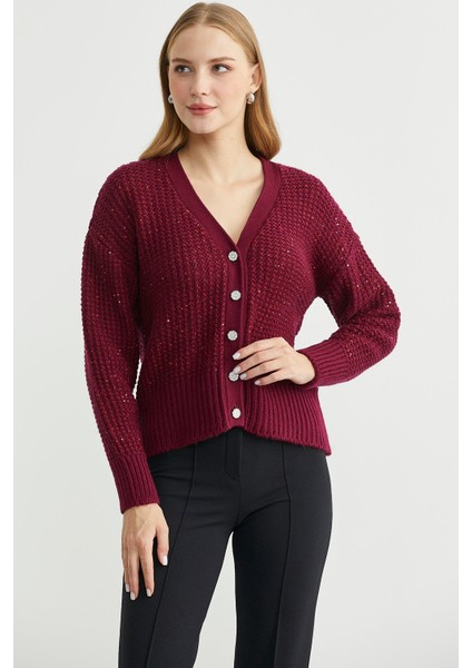 Payet Detaylı Yünlü Triko Hırka - Bordo fiyatları