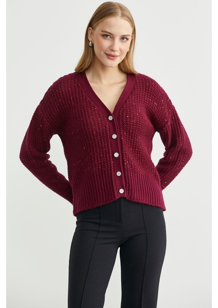 Payet Detaylı Yünlü Triko Hırka - Bordo modelleri