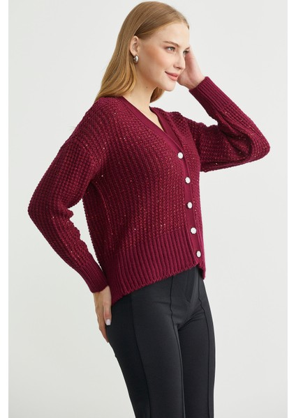 Payet Detaylı Yünlü Triko Hırka - Bordo fırsatları