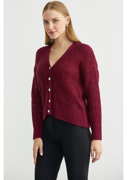 Payet Detaylı Yünlü Triko Hırka - Bordo indirimleri
