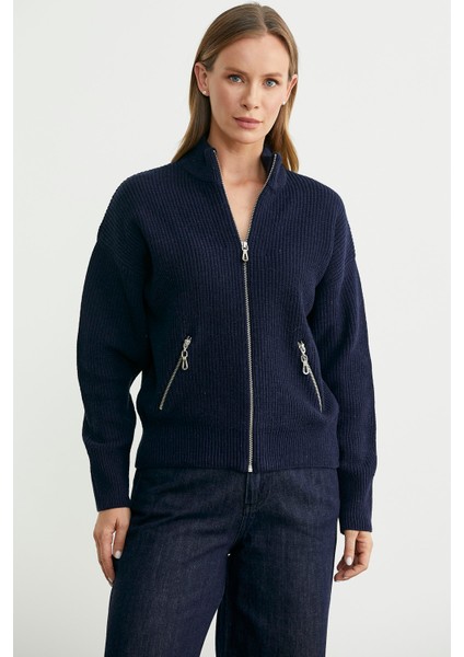 Yünlü Dik Yaka Fermuarlı Triko Hırka - Lacivert