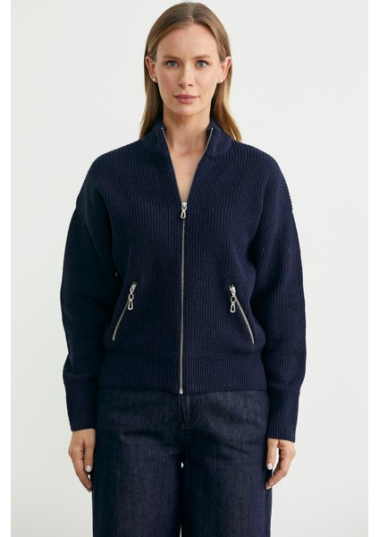 Yünlü Dik Yaka Fermuarlı Triko Hırka - Lacivert fiyatları