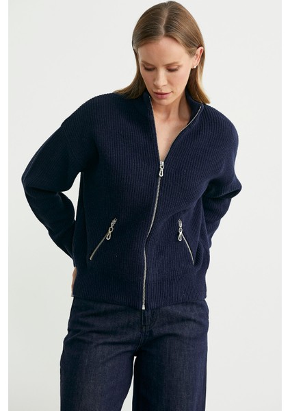 Yünlü Dik Yaka Fermuarlı Triko Hırka - Lacivert modelleri