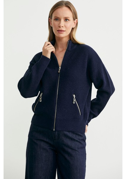 Yünlü Dik Yaka Fermuarlı Triko Hırka - Lacivert fırsatları