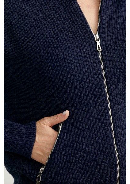 Yünlü Dik Yaka Fermuarlı Triko Hırka - Lacivert indirimleri