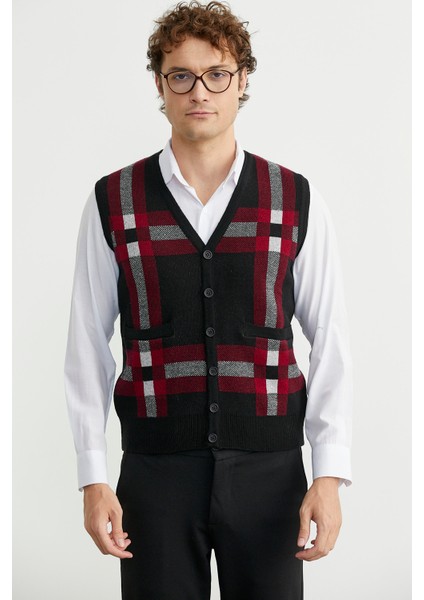 Düğmeli Yünlü Kalın Triko Yelek - Siyah fırsatları