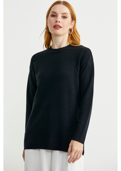 Kol Detaylı Sıfır Yaka Tunik Triko Kazak - Siyah fiyatları