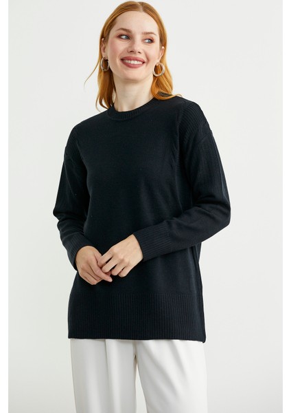 Kol Detaylı Sıfır Yaka Tunik Triko Kazak - Siyah modelleri