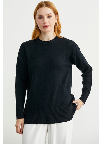 Kol Detaylı Sıfır Yaka Tunik Triko Kazak - Siyah fırsatları