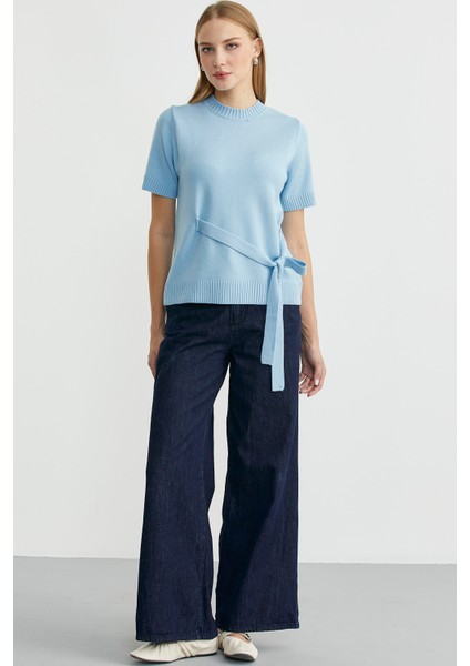 Kuşaklı Kısa Kol Triko Kazak - Mavi