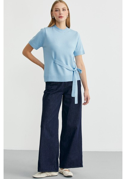 Kuşaklı Kısa Kol Triko Kazak - Mavi fiyatları