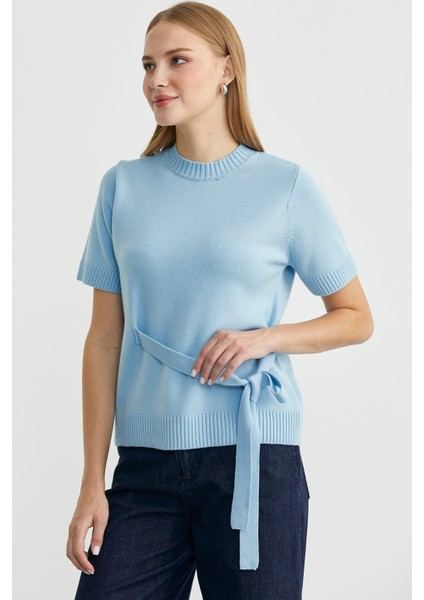 Kuşaklı Kısa Kol Triko Kazak - Mavi modelleri