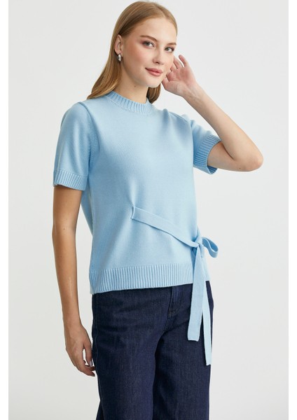 Kuşaklı Kısa Kol Triko Kazak - Mavi fırsatları