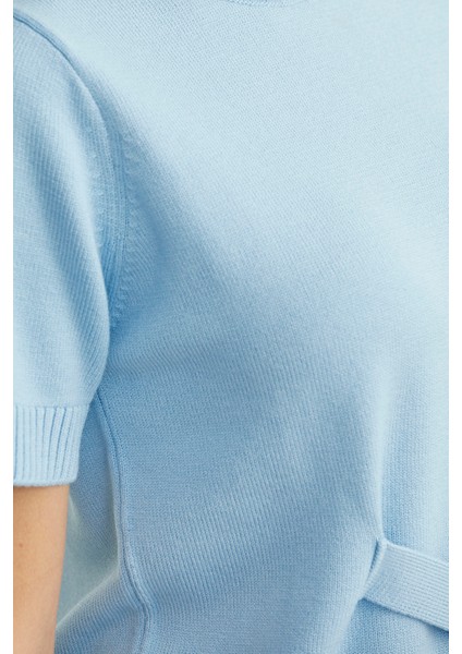 Kuşaklı Kısa Kol Triko Kazak - Mavi indirimleri