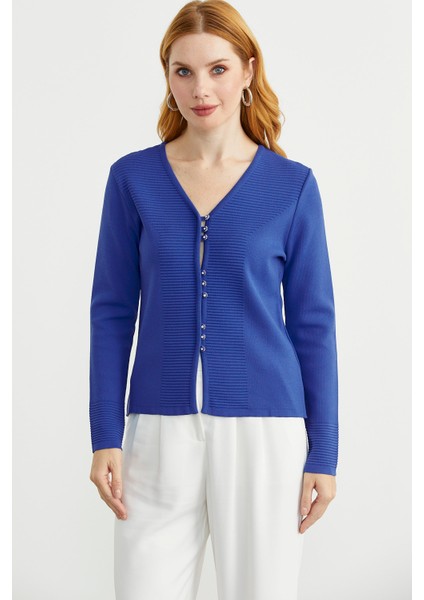 Düğme Kapamalı V Yaka Triko Hırka - Mavi