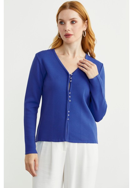 Düğme Kapamalı V Yaka Triko Hırka - Mavi fiyatları