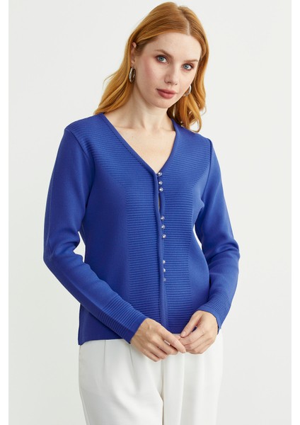 Düğme Kapamalı V Yaka Triko Hırka - Mavi fırsatları