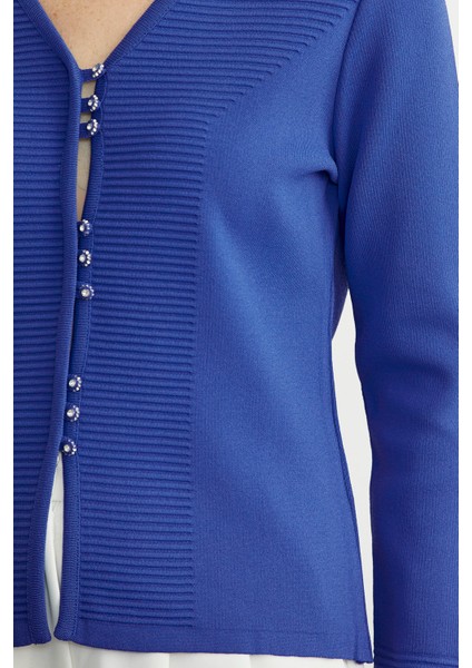 Düğme Kapamalı V Yaka Triko Hırka - Mavi indirimleri