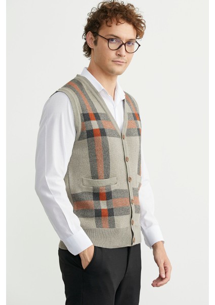 Düğmeli Yünlü Kalın Triko Yelek - Vizon fırsatları