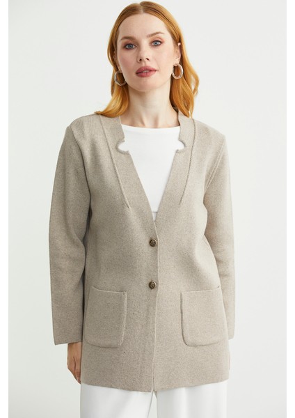 Düğmeli Cep Detaylı Yünlü Triko Ceket - Vizon
