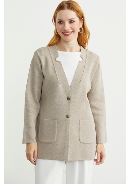 Düğmeli Cep Detaylı Yünlü Triko Ceket - Vizon fiyatları
