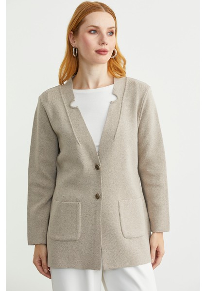 Düğmeli Cep Detaylı Yünlü Triko Ceket - Vizon modelleri