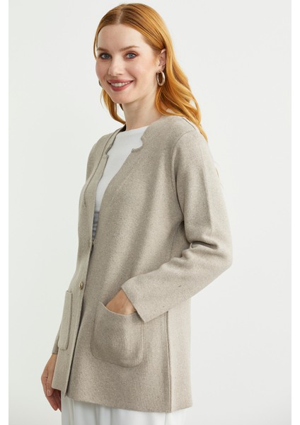 Düğmeli Cep Detaylı Yünlü Triko Ceket - Vizon fırsatları