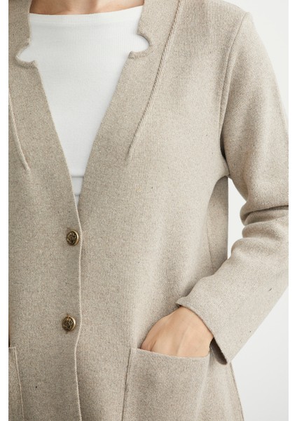 Düğmeli Cep Detaylı Yünlü Triko Ceket - Vizon indirimleri