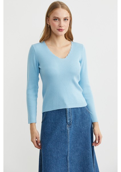 Fitilli Basic V Yaka Triko Kazak - Mavi