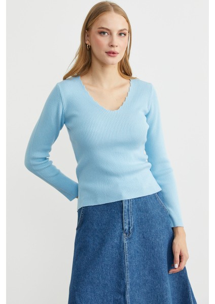 Fitilli Basic V Yaka Triko Kazak - Mavi indirimleri