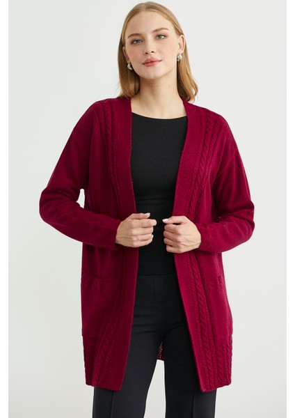 Büyük Beden Cepli Uzun Triko Hırka - Bordo