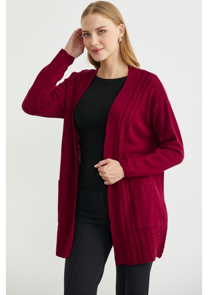 Büyük Beden Cepli Uzun Triko Hırka - Bordo modelleri